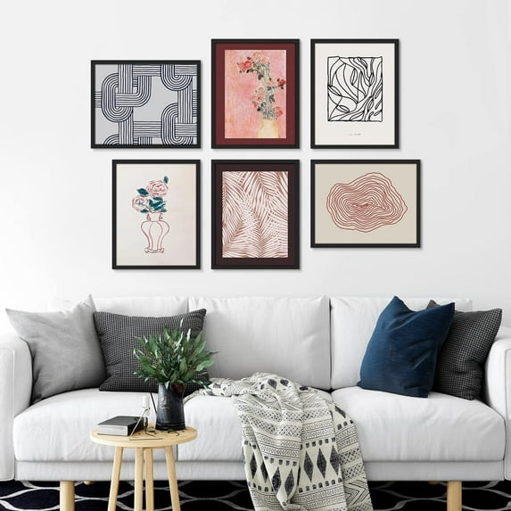 PixonSign Framed Canvas Print Wall Art Set - Mid-Century Colorful Paint Strokes & Flowers - Set of 6 Abstract Geometric Floral Poster Cultural Art Wall Décor - 11"x14"x6 Black