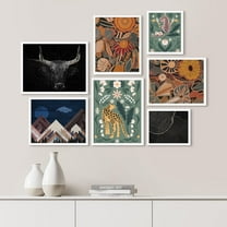 PixonSign Framed Canvas Print Wall Art Set - Mid-Century Mountain & Wildflowers Landscape Posters - Geometric Print Gallery Set of 7 Nature Wilderness Illustrations Wall Décor for Home - White