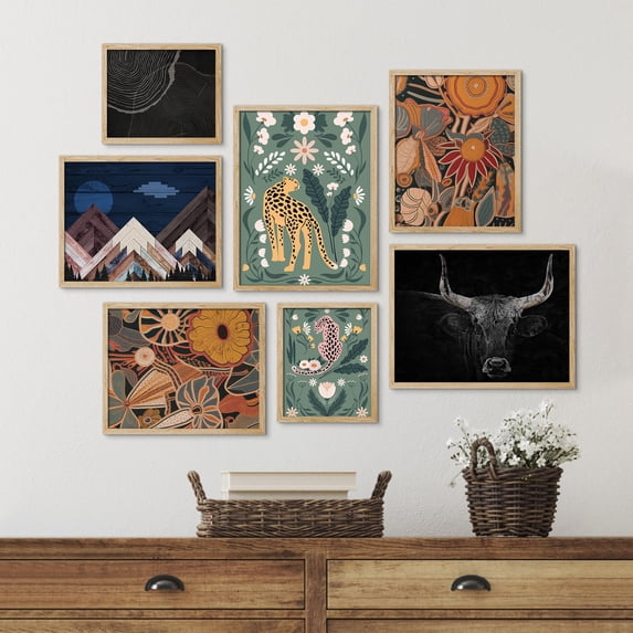 PixonSign Framed Canvas Print Wall Art Set - Mid-Century Mountain & Wildflowers Poster Modern Art - Gallery Set of 7 Minimal Nature Wilderness Landscape Digital Art Wall Décor for Home - Natural