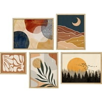 PixonSign Framed Canvas Print Wall Art Set - Mid-Century Orange Sun & Moon Landscape Posters - Gallery Set of 5 Nature Forest Plants Digital Art Boho Wall Décor for Living Room - Natural
