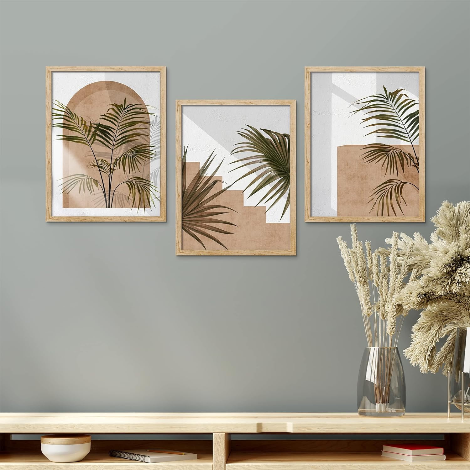 PixonSign Framed Canvas Print Wall Art Set - Mid-Century Palm Leaf, Fan ...