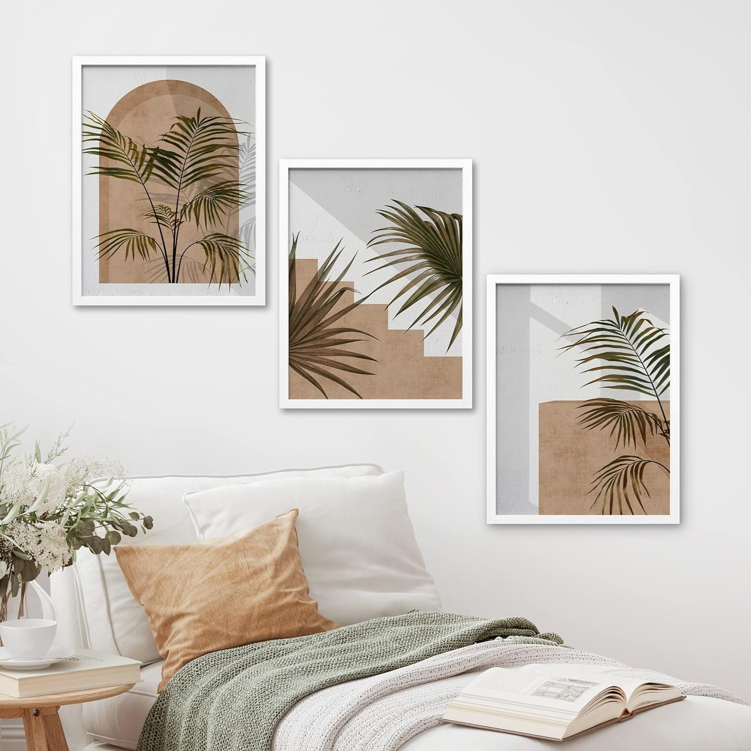PixonSign Framed Canvas Print Wall Art Set - Mid-Century Palm Leaf, Fan ...