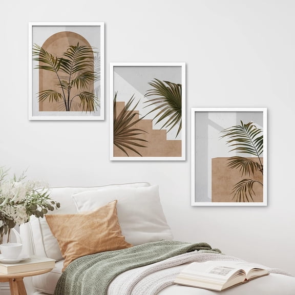 PixonSign Framed Canvas Print Wall Art Set - Mid-Century Palm Leaf, Fan Leaf, Desert Plants Art - Set of 3 Abstract Geometric Modern Art Minimalism Rustic Wall Décor - 12"x16"x3 Panels White