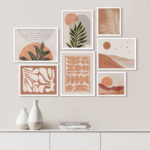 PixonSign Framed Canvas Print Wall Art Set - Mid-Century Palm Leaf Landscape Poster Art - Geometric Print Gallery Set of 7 Abstract Orange Illustrations Digital Art Wall Décor for Home - White