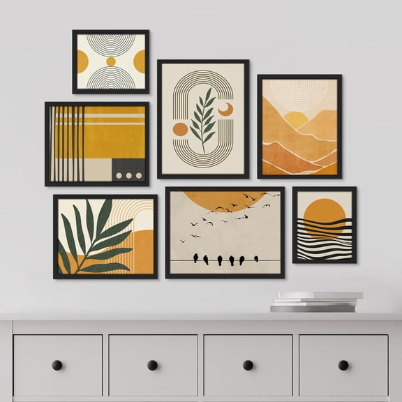PixonSign Framed Canvas Print Wall Art Set - Mid-Century Pastel Circles Forest Plants Landscape Poster Art - Geometric Print Gallery Set of 7 Abstract Digital Art Wall Décor for Home - Black