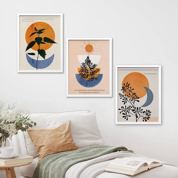 PixonSign Framed Canvas Print Wall Art Set - Mid-Century Polygons & Plants Art - Set of 3 Abstract Geometric Illustrations Modern Artwork Minimalism Wall Décor - 12"x16"x3 Panels White