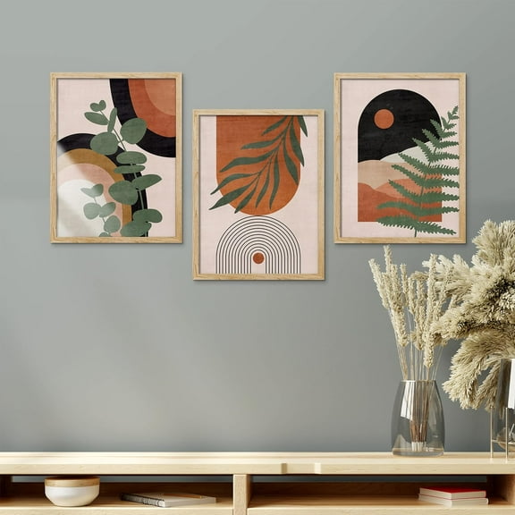 PixonSign Framed Canvas Print Wall Art Set - Mid-Century Polygons & Plants Abstract Geometric Art - Set of 3 Modern Art Pop Print Illustrations Minimalism Wall Décor - 12"x16"x3 Panels Natural