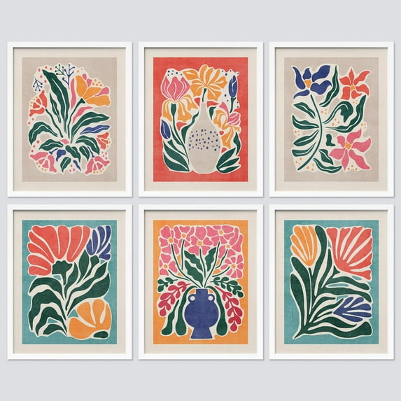 PixonSign Framed Canvas Print Wall Art Set - Mid-Century Tropical Abstract Flower Gallery Posters - Set of 6 Vintage Retro Antique Mixed Media Country Cultural Art Wall Décor - 12"x16"x6 White