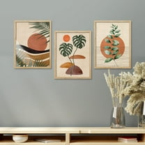 PixonSign Framed Canvas Print Wall Art Set - Mid-Century Tropical Plant, Desert Landscape & Sun Art - Set of 3 Abstract Geometric Modern Home Artwork Rustic Wall Décor - 12"x16"x3 Panels Natural