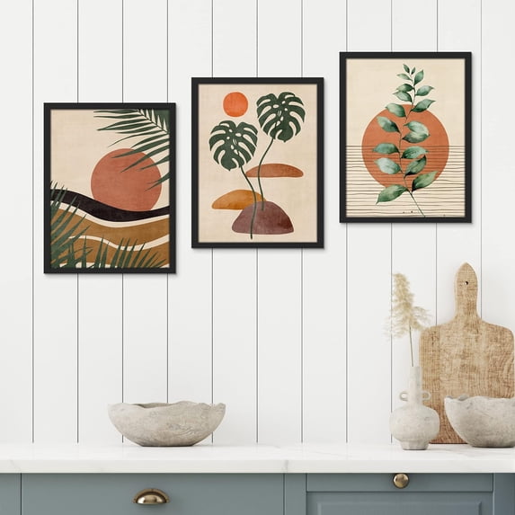 PixonSign Framed Canvas Print Wall Art Set - Mid-Century Tropical Plant, Desert Landscape & Sun Art - Set of 3 Abstract Geometric Modern Home Artwork Rustic Wall Décor - 12"x16"x3 Panels Black
