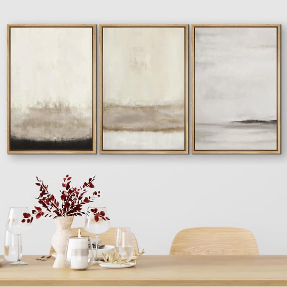 PixonSign Framed Canvas Print Wall Art Set Minimal Gray Tan Paint Stroke Landscape Abstract Shapes Digital Art Modern Art Decorative Boho Calm/Zen - 16"x24"x3 Natural