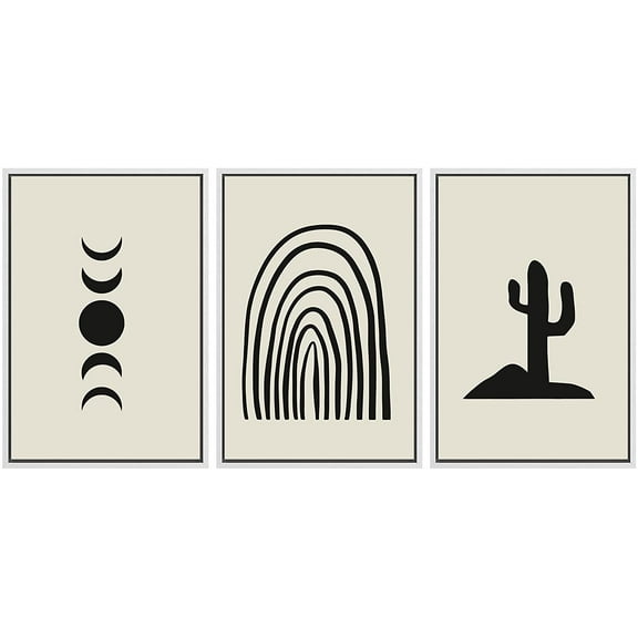 PixonSign Framed Canvas Print Wall Art Set Minimal Moon Phase Cactus Desert Collage Abstract Shapes Illustrations Modern Art Boho Decorative for Living Room, Bedroom, Office - 16"x24"x3 WHITE