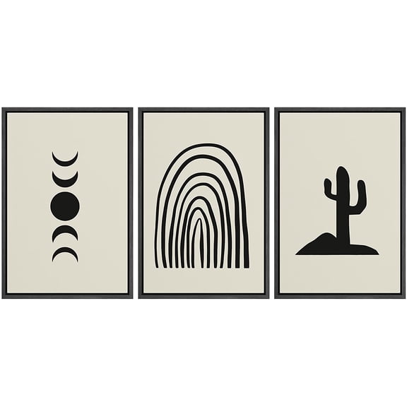 PixonSign Framed Canvas Print Wall Art Set Minimal Moon Phase Cactus Desert Collage Abstract Shapes Illustrations Modern Art Boho Decorative for Living Room, Bedroom, Office - 16"x24"x3 BLACK