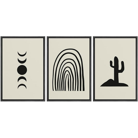 PixonSign Framed Canvas Print Wall Art Set Minimal Moon Phase Cactus Desert Collage Abstract Shapes Illustrations Modern Art Boho Decorative for Living Room, Bedroom, Office - 24"x36"x3 BLACK