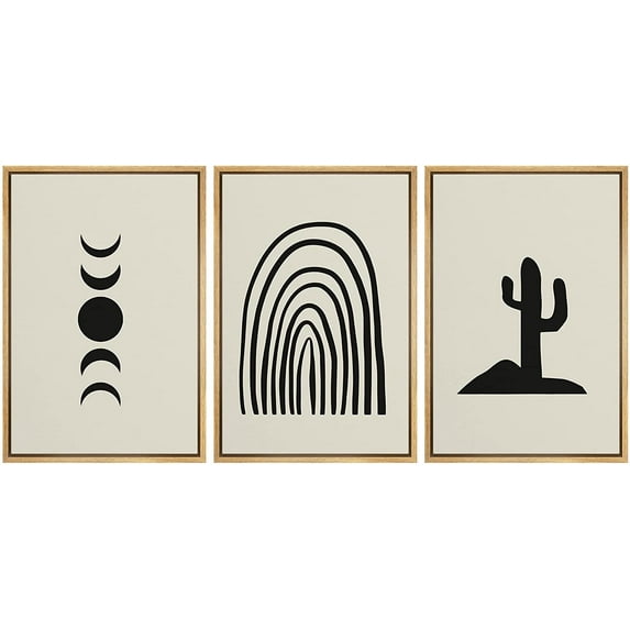 PixonSign Framed Canvas Print Wall Art Set Minimal Moon Phase Cactus Desert Collage Abstract Shapes Illustrations Modern Art Boho Decorative for Living Room, Bedroom, Office - 16"x24"x3 NATURAL