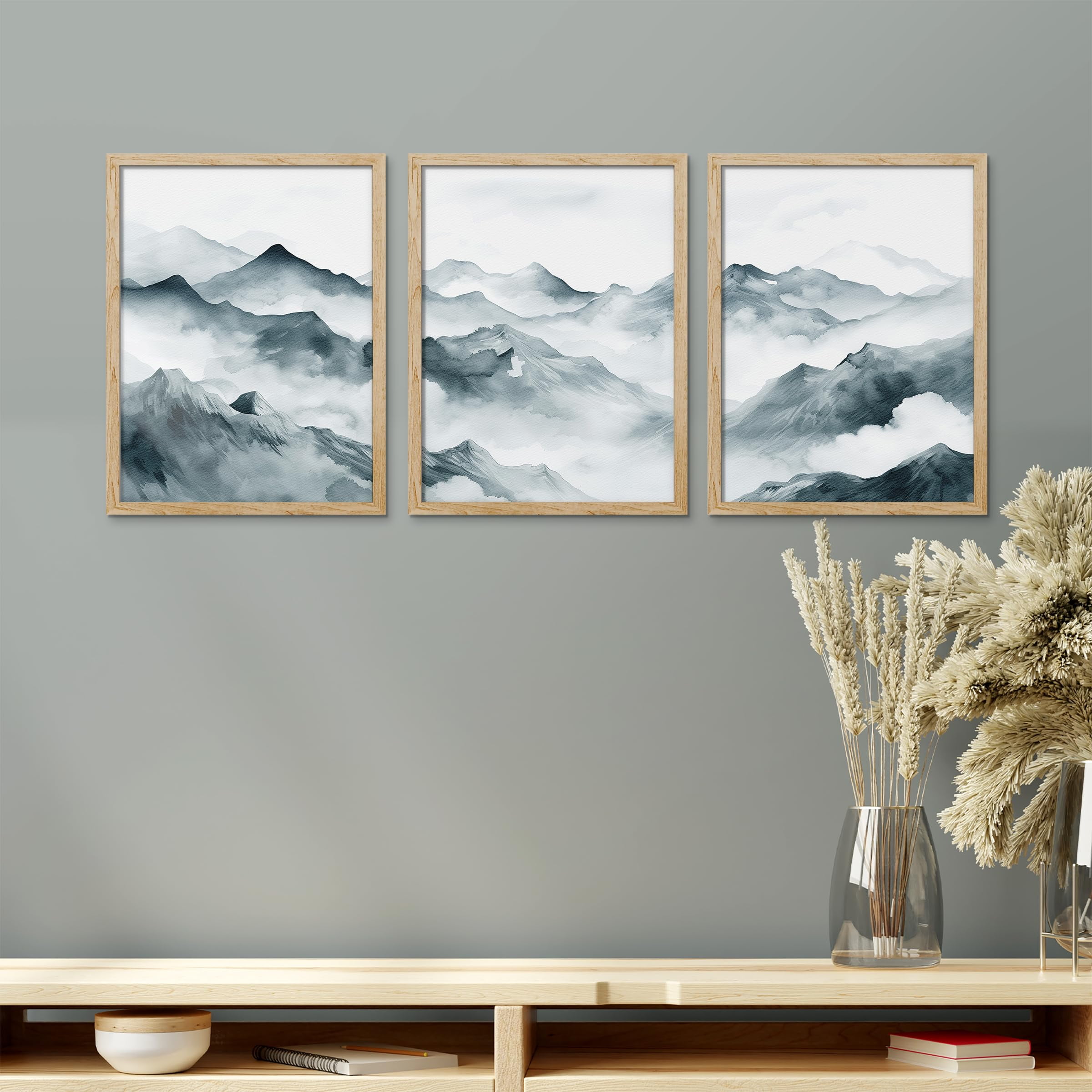 PixonSign Framed Canvas Print Wall Art Set - Misty Forest Green Nature ...