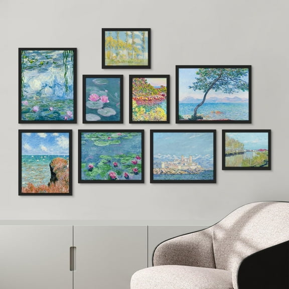 PixonSign Framed Canvas Print Wall Art Set - Monet Watercolor Water Lilies Poster Arts - Gallery Set of 9 Geometric Abstract Artistic Art Paintings Wall Décor for Home Decor - Black