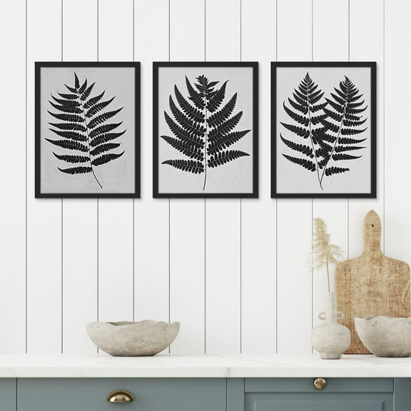 PixonSign Framed Canvas Print Wall Art Set - Monochrome Fern Leaf Silhouette Botanical Poster Art - Set of 3 Nature Wilderness Leaves Plants Prints Wall Décor for Living Room - 8"x10" Black