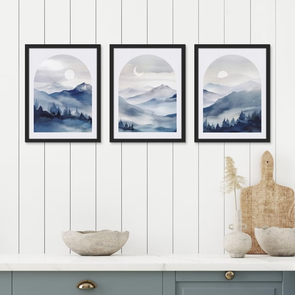 PixonSign Framed Canvas Print Wall Art Set - Moonlit Peaks Blue Tones Mountain Range Posters - Set of 3 Boho Pastel Nature Wilderness Wall Décor for Living Room, Bedroom, Office - 11"x14" Black