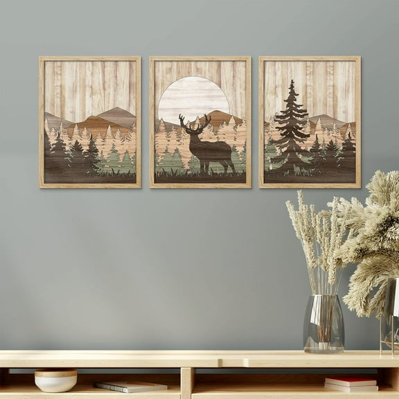 PixonSign Framed Canvas Print Wall Art Set - Moose Deer Sunset Mountain Forest Art - Set of 3 Animal Landscape Modern Art Geometric Abstract Rustic Wall Décor - 12"x16"x3 Panels Natural