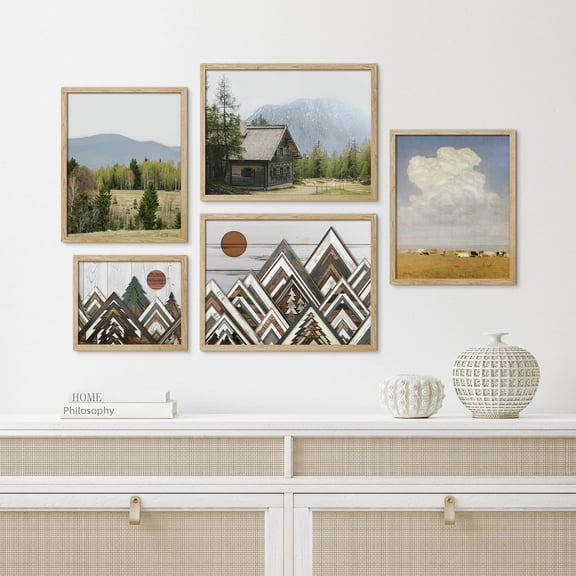 PixonSign Framed Canvas Print Wall Art Set - Mountain Range Sun Forest Landscape Poster Art - Collage Print Gallery Set of 5 Nature Wilderness Modern Art Rustic Wall Décor for Home - Natural