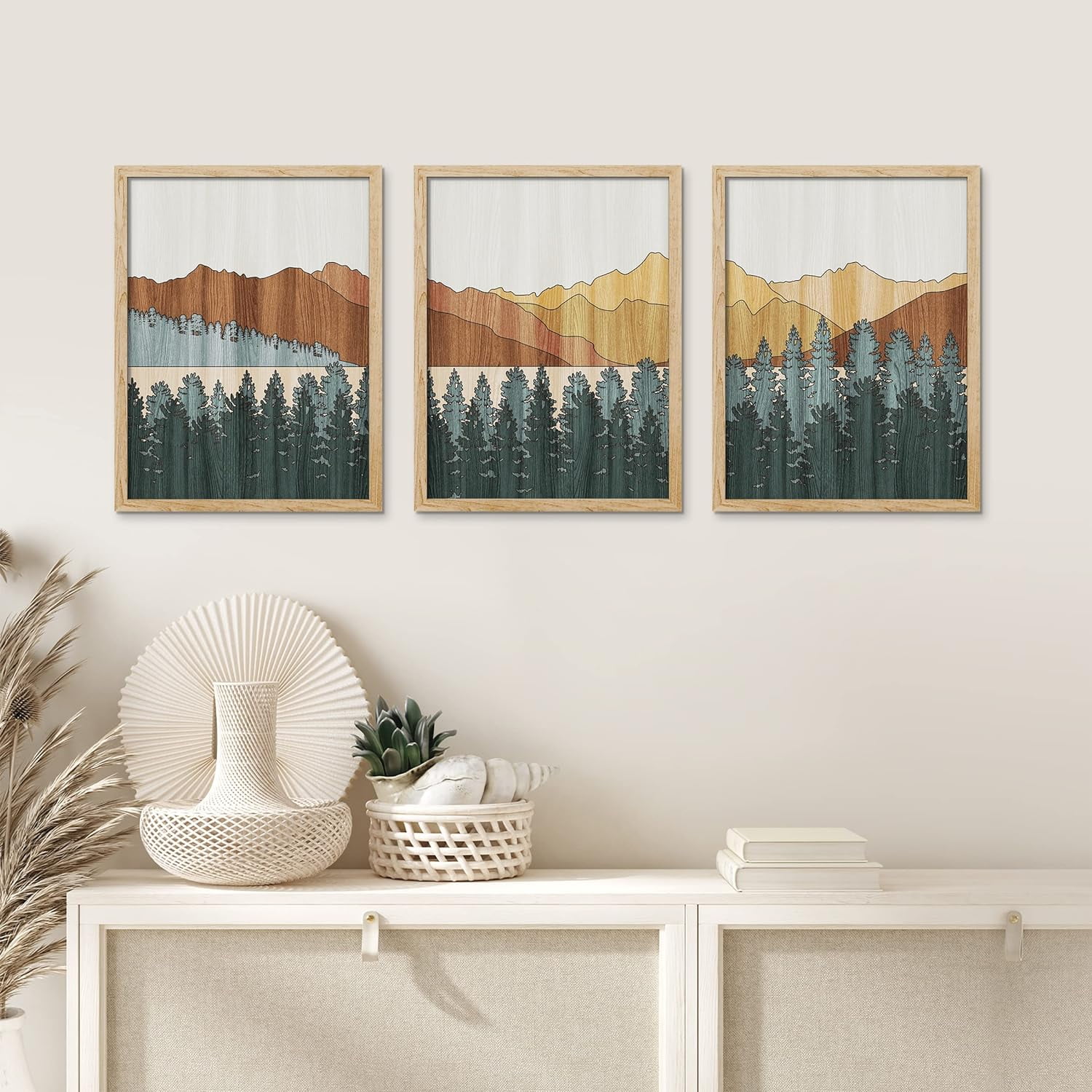 PixonSign Framed Canvas Print Wall Art Set, Mountain Range Valley, Pine ...