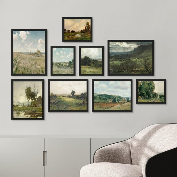 PixonSign Framed Canvas Print Wall Art Set - Nature Wilderness Landscapes Poster Modern Art - Countryside Scenery Print Gallery Set of 9 Abstract Illustrations Wall Décor for Home - Black