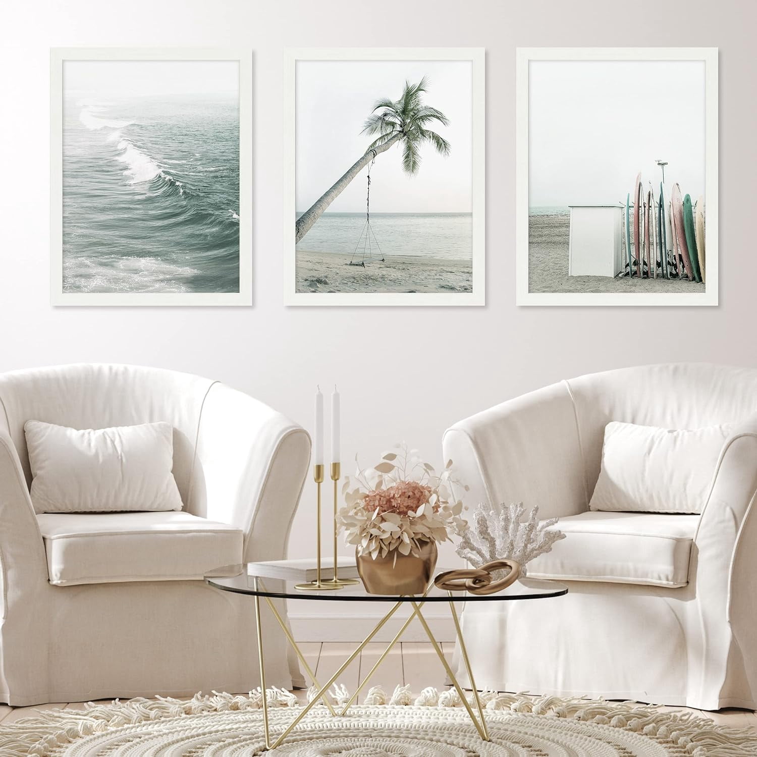 PixonSign Framed Canvas Print Wall Art Set - Nautical Palm Tree Ocean ...