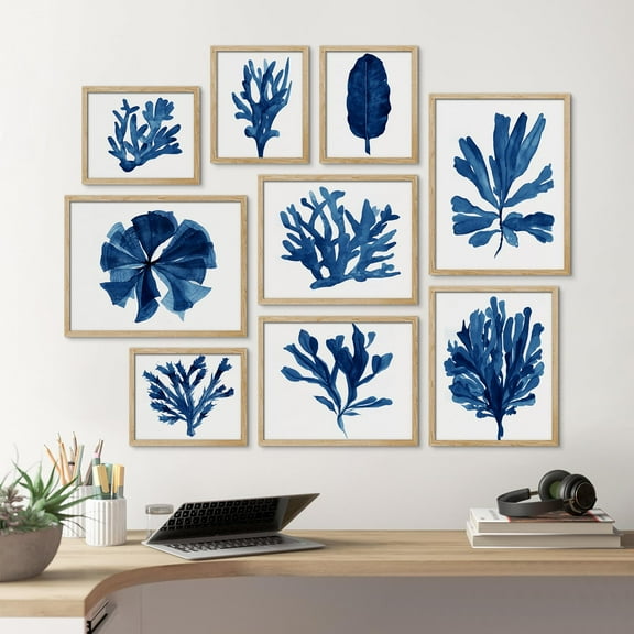 PixonSign Framed Canvas Print Wall Art Set - Navy Blue Watercolor Ocean Coral Posters - Collage Gallery Set of 9 Ocean Wildlife Abstract Geometric Illustrations Wall Décor for Home - Natural