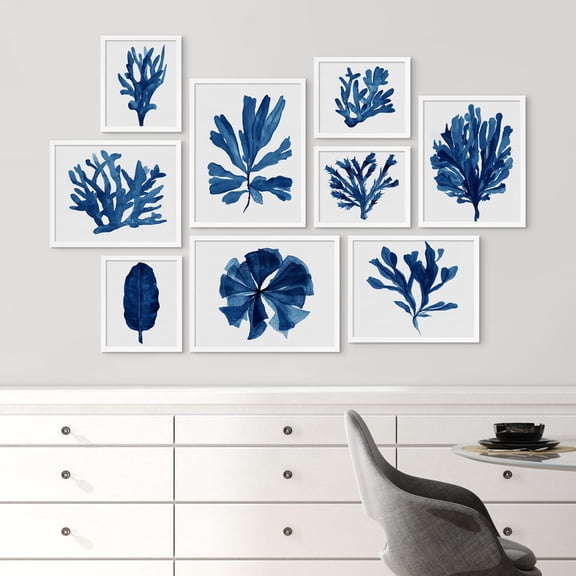 PixonSign Framed Canvas Print Wall Art Set - Navy Blue Watercolor Ocean Coral Posters - Collage Gallery Set of 9 Ocean Wildlife Abstract Geometric Illustrations Wall Décor for Home - White