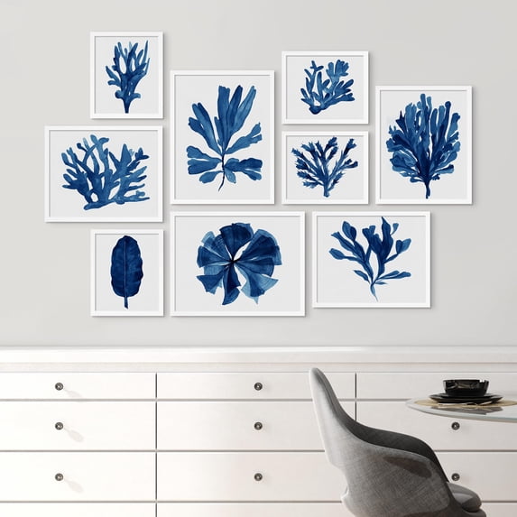PixonSign Framed Canvas Print Wall Art Set - Navy Blue Watercolor Ocean Coral Posters - Collage Gallery Set of 9 Ocean Wildlife Abstract Geometric Illustrations Wall Décor for Home - White