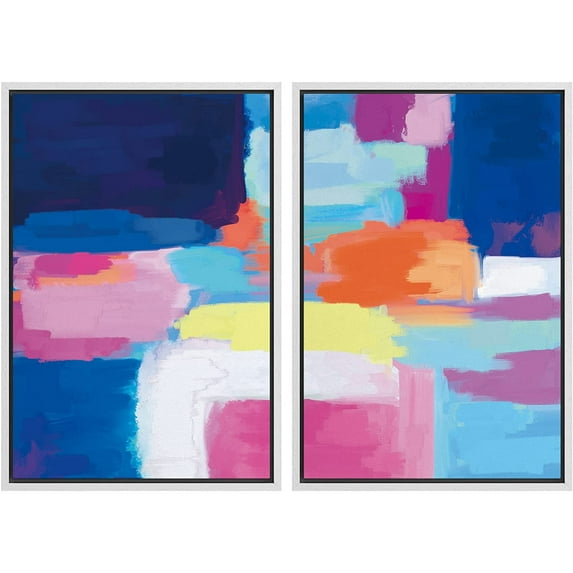 PixonSign Framed Canvas Print Wall Art Set Neon Pastel Colorblocks Geometric Shapes Illustrations Modern Art Contemporary Colorful Multicolor Ultra for Living Room, Bedroom, Office - 24"x36"x2 WHITE