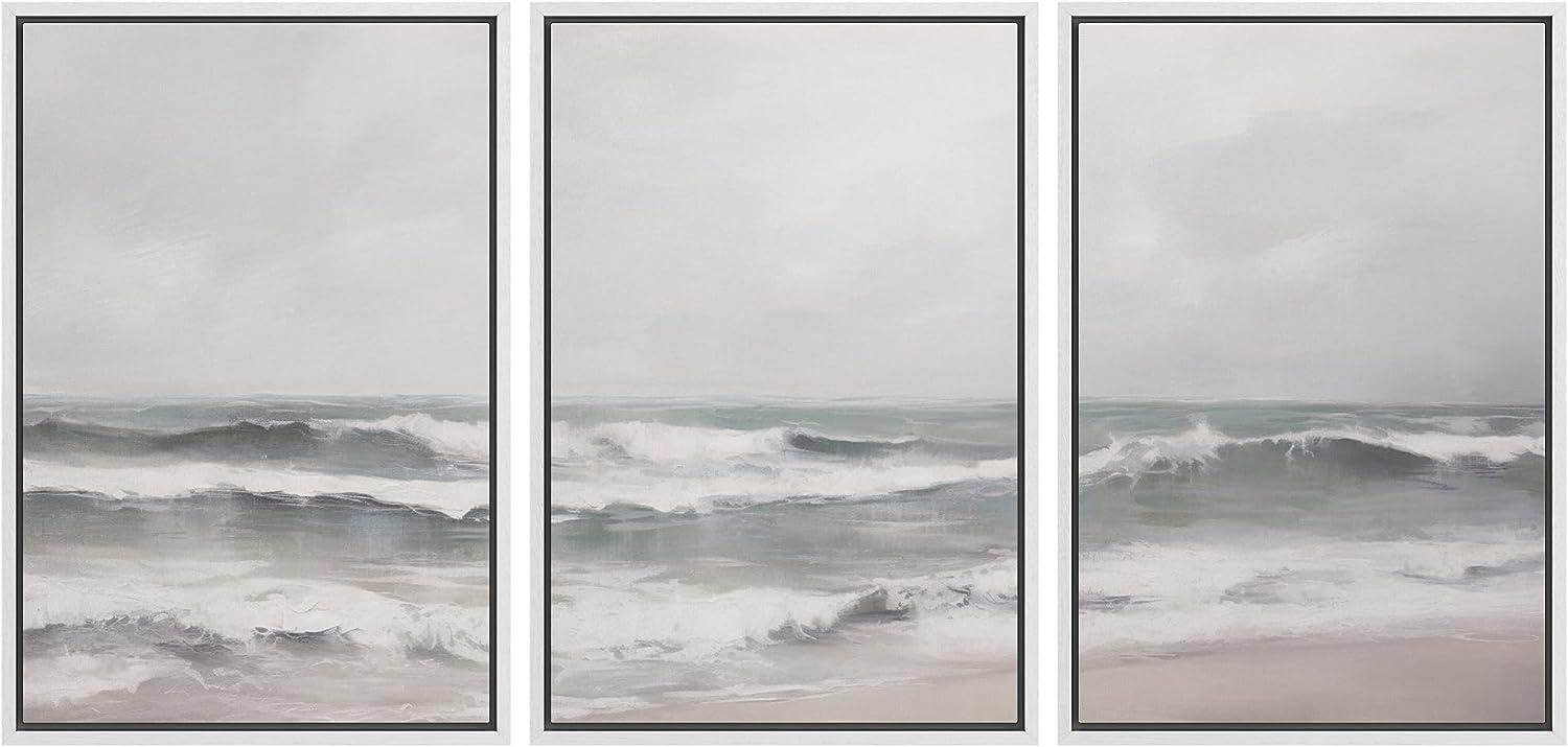 PixonSign Framed Canvas Print Wall Art Set Ocean Waves Cloudy Beach ...