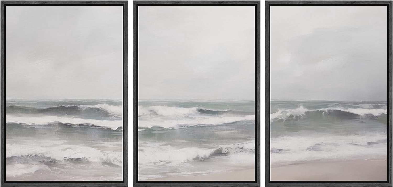 PixonSign Framed Canvas Print Wall Art Set Ocean Waves Cloudy Beach ...