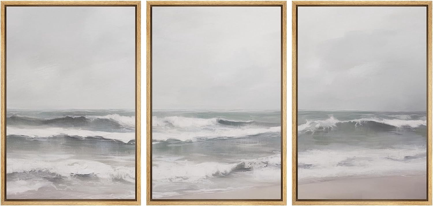 PixonSign Framed Canvas Print Wall Art Set Ocean Waves Cloudy Beach ...