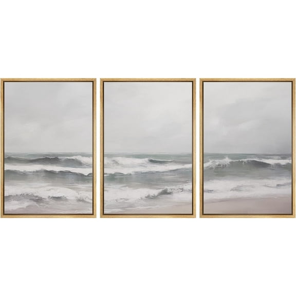 PixonSign Framed Canvas Print Wall Art Set Ocean Waves Cloudy Beach Nature Wilderness Fine Art Illustrations Decorative Multicolor Landscape Rustic Country/Farmhouse - 16"x24"x3 Natural