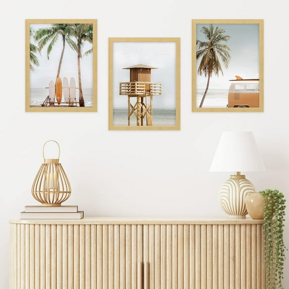 PixonSign Framed Canvas Print Wall Art Set - Office California Beach Palm Tree Ocean Lifeguard Tower Art - Set of 3 Nature Seaside Landscape Artwork Modern Wall Décor - 12"x16"x3 Panels Natural
