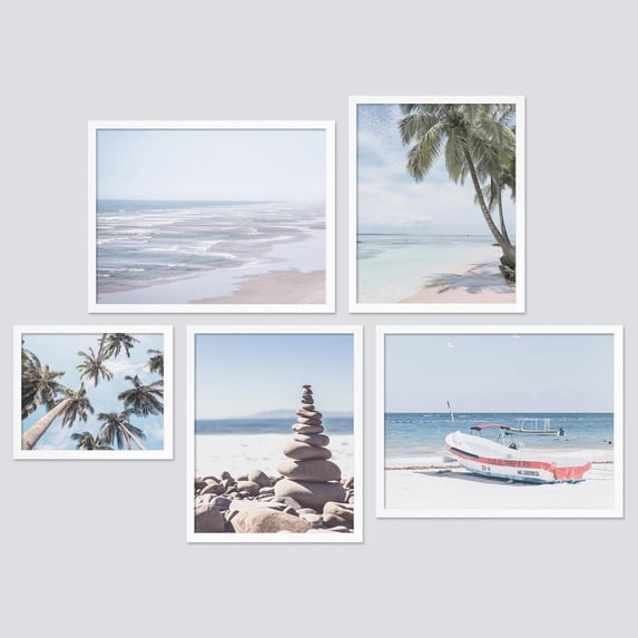 PixonSign Framed Canvas Print Wall Art Set - Palm Tree Beach View Posters - Gallery Set of 5 Sailboat Ocean Wave Travel Photography Modern Art Nature Wilderness Wall Décor for Home - White