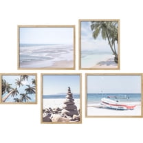 PixonSign Framed Canvas Print Wall Art Set - Palm Tree Beach View Posters - Gallery Set of 5 Sailboat Ocean Wave Travel Photography Modern Art Nature Wilderness Wall Décor for Home - Natural