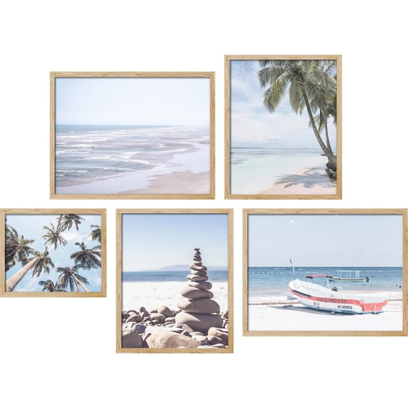 PixonSign Framed Canvas Print Wall Art Set - Palm Tree Beach View Posters - Gallery Set of 5 Sailboat Ocean Wave Travel Photography Modern Art Nature Wilderness Wall Décor for Home - Natural