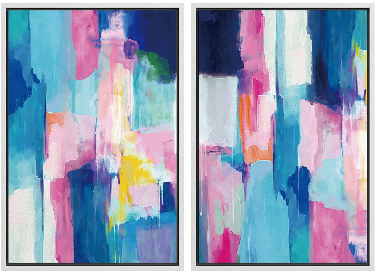 Pastel Blue and Pink Abstract Canvas Art Set with Black Frame