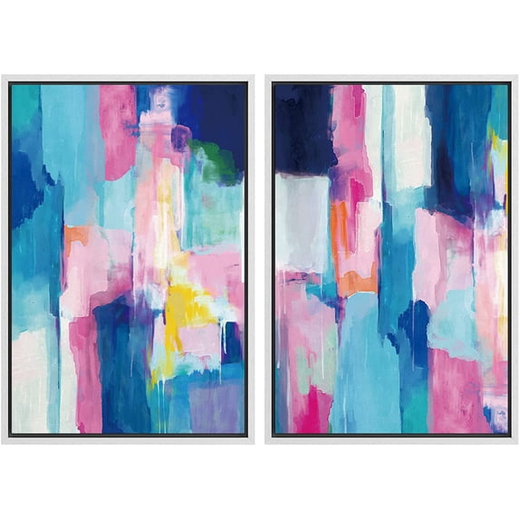 PixonSign Framed Canvas Print Wall Art Set Pastel Blue and Pink Color Blocks Geometric Shapes Illustrations Modern Art Contemporary Colorful Ultra for Living Room, Bedroom, Office - 16"x24"x2 WHITE
