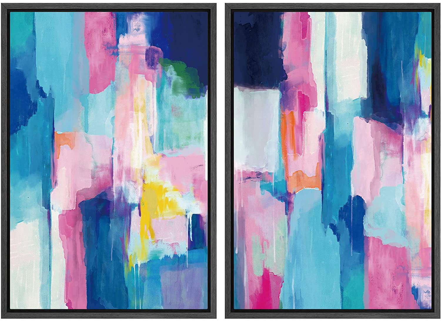 Pastel Blue and Pink Abstract Canvas Art Set with Black Frame