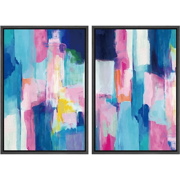 PixonSign Framed Canvas Print Wall Art Set Pastel Blue and Pink Color Blocks Geometric Shapes Illustrations Modern Art Contemporary Colorful Ultra for Living Room, Bedroom, Office - 16"x24"x2 BLACK