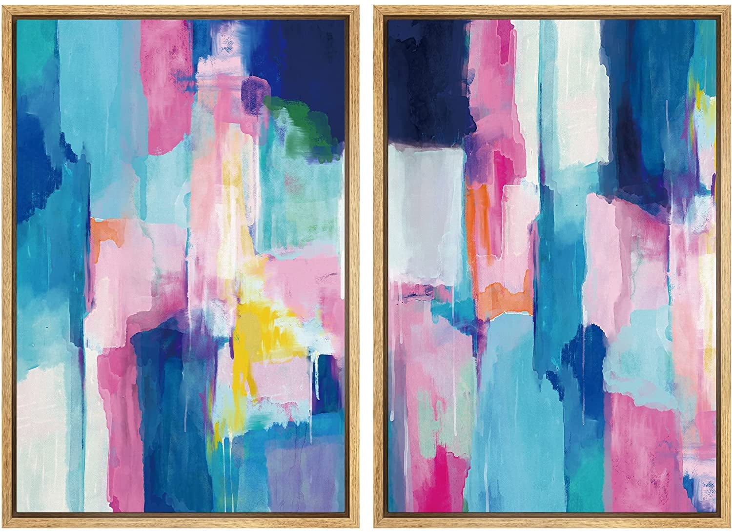 Pastel Blue and Pink Abstract Canvas Art Set with Black Frame