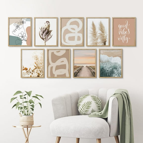 PixonSign Framed Canvas Print Wall Art Set - Pastel Brown Environments Abstract Posters - Set of 9 Boho Landscape Modern Art Minimal Wall Décor for Living Room, Bedroom, Office - 12"x16" Natural