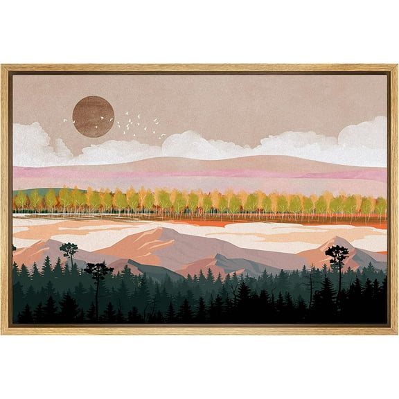 PixonSign Framed Canvas Print Wall Art Set Pastel Countryside Mountain Range Nature Wilderness Illustrations Modern Art Farmhouse/Country Landscape - 16"x24" Natural