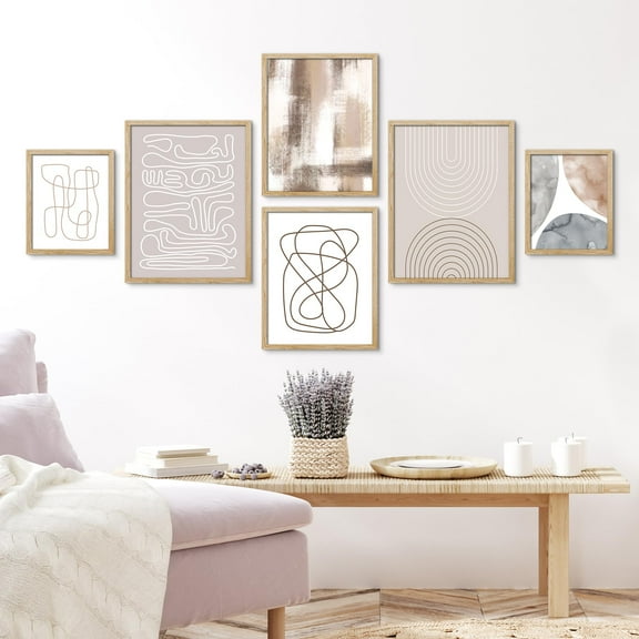 PixonSign Framed Canvas Print Wall Art Set - Pastel Grunge Watercolor Lines & Circles Poster Art - Collage Print Gallery Set of 6 Abstract Illustrations Wall Décor for Home - Natural