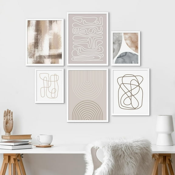 PixonSign Framed Canvas Print Wall Art Set - Pastel Grunge Watercolor Lines & Circles Poster Art - Collage Print Gallery Set of 6 Abstract Illustrations Wall Décor for Home - White