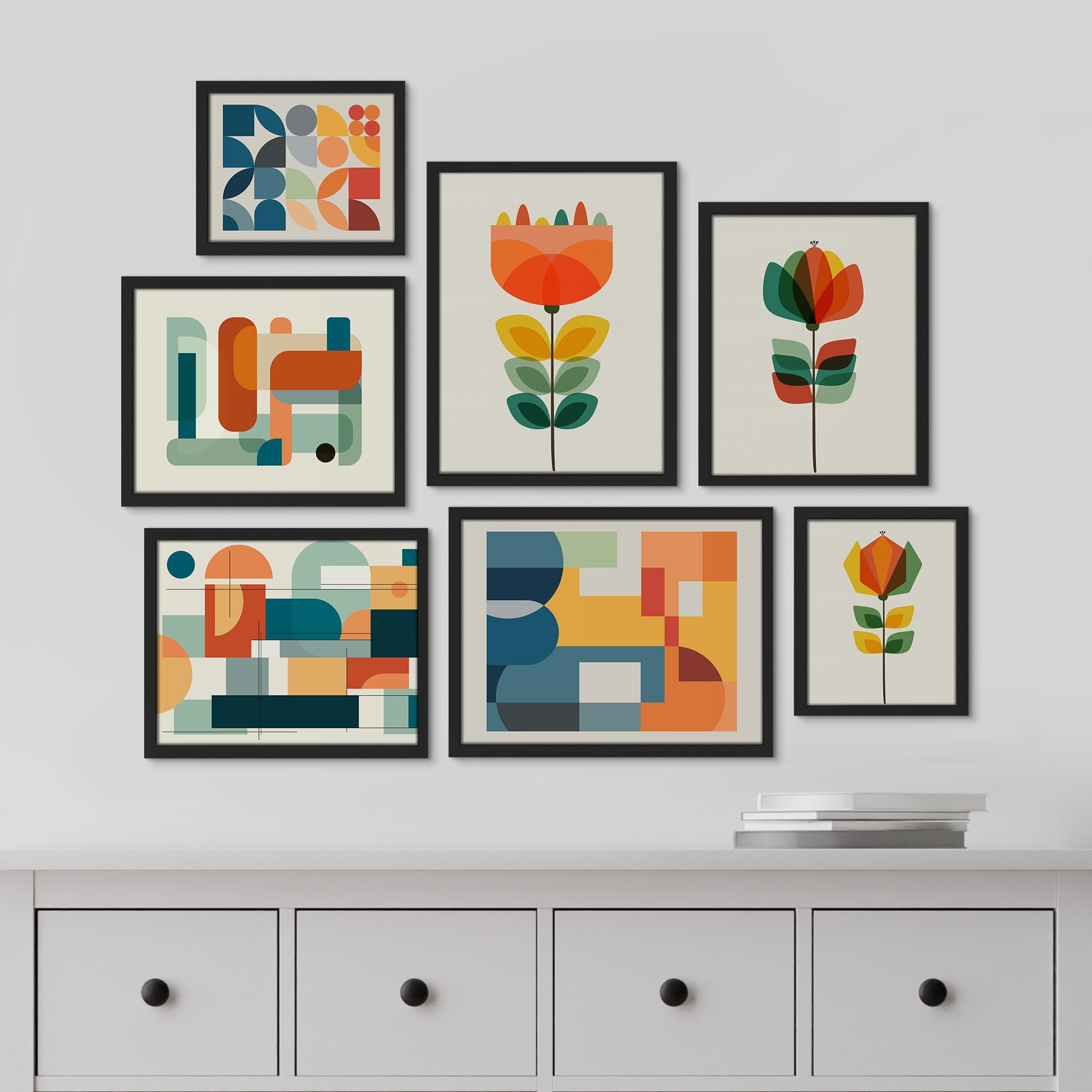 Mid-Century Modern Abstract Geometric Framed Canvas Art Set